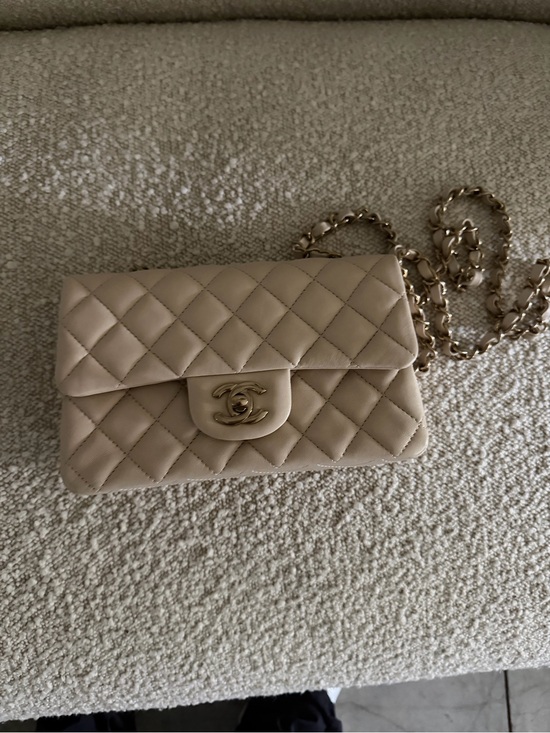 CHANEL Handbags - CHANEL Beige mini classic Quilted Small Flap Crossbody with Gold Chain